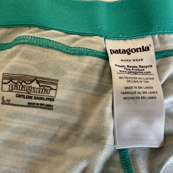 Patagonia Girls Capilene Base Layer Leggings Pants Sz L 12 Green & White Stripes - Picture 4 of 8